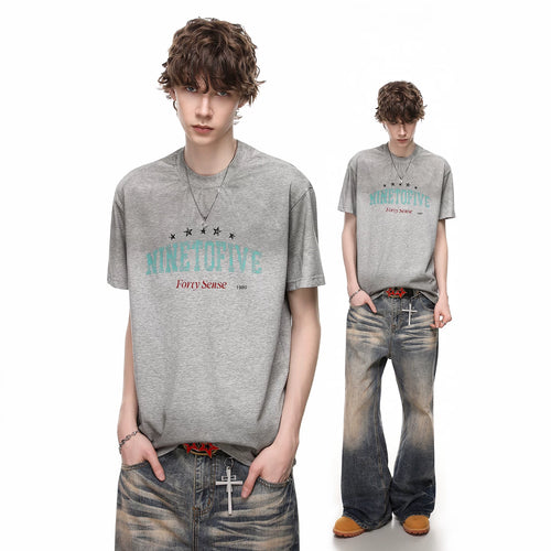 American retro tie dye distressed small collar short sleeved T-shirt for men's summer street ruff handsome print pure cotton half sleeved T-shirt