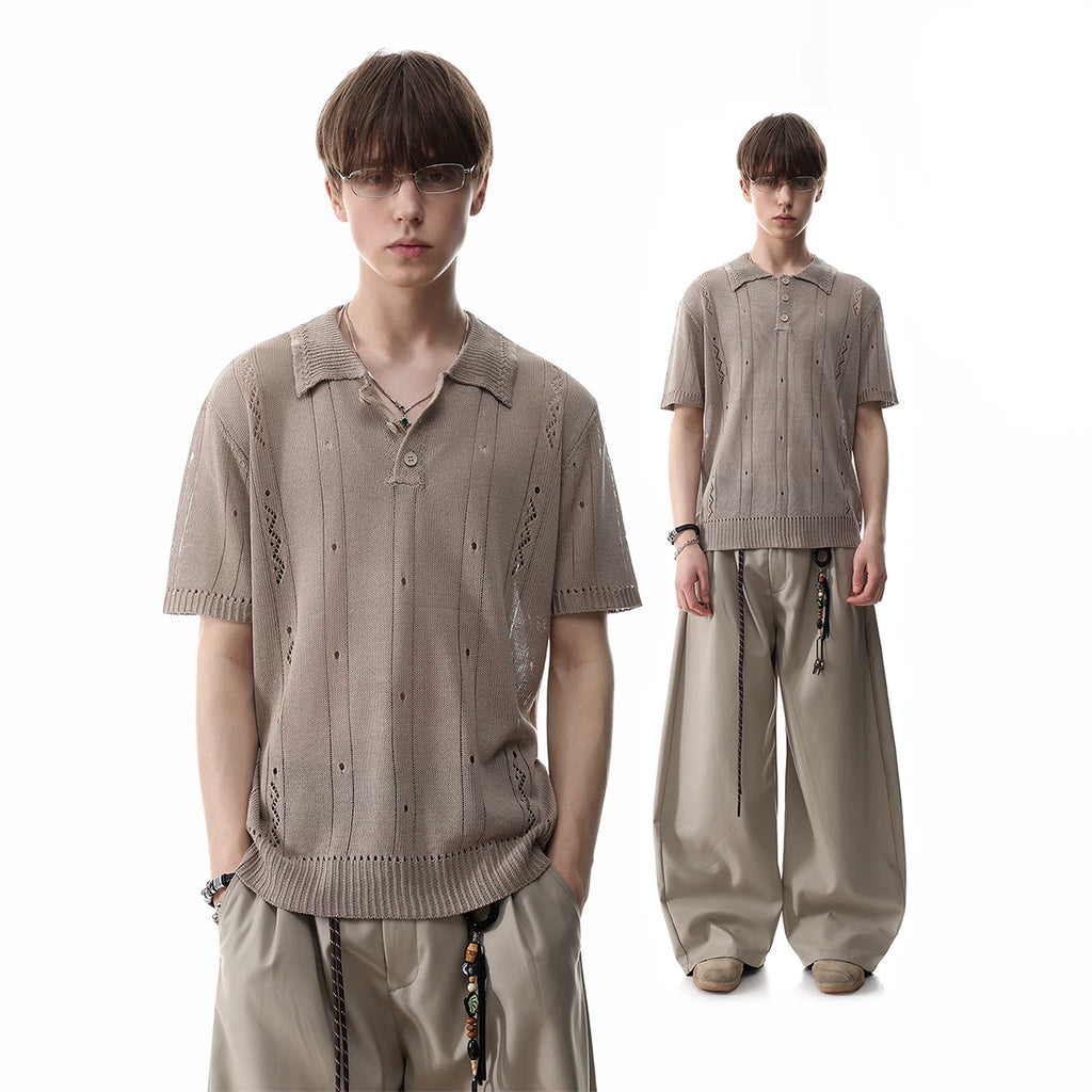 TREND ST old money style clean fit short knitted polo shirt men's summer hollow breathable short sleeved T-shirt