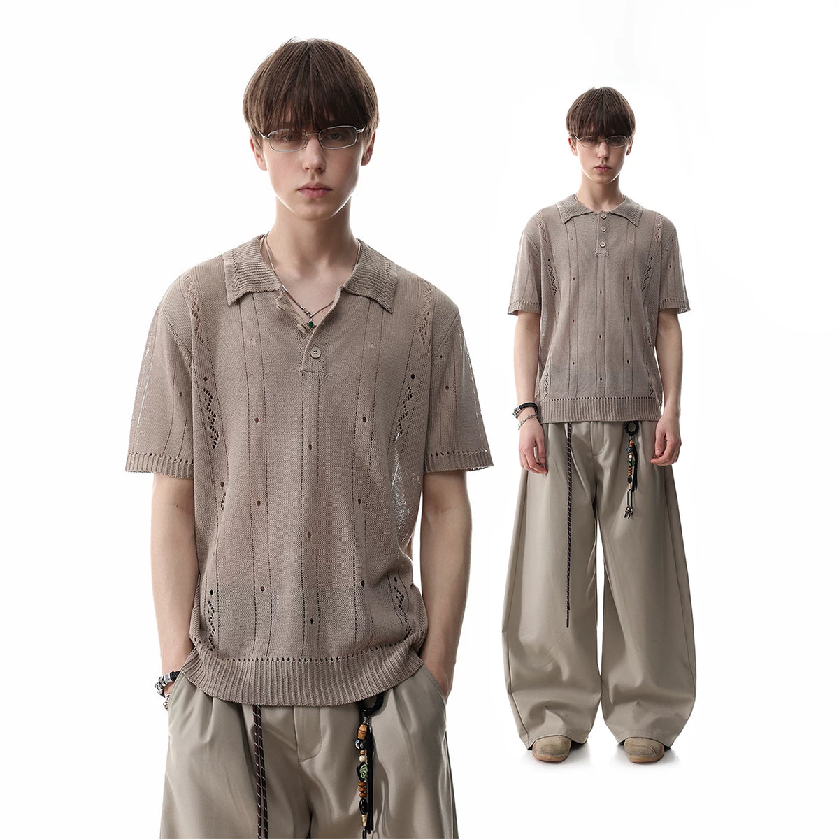 TREND ST old money style clean fit short knitted polo shirt men's summer hollow breathable short sleeved T-shirt