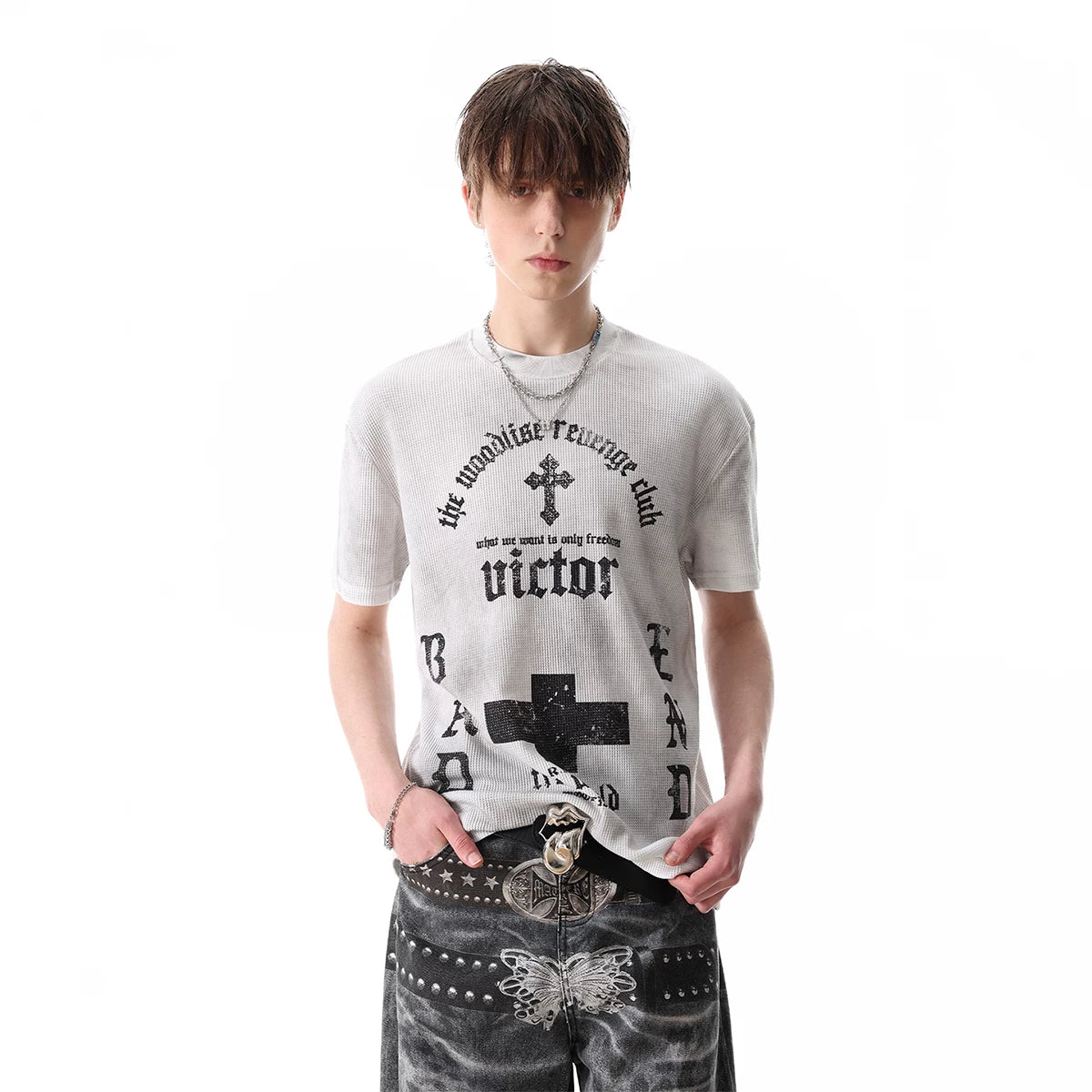 TRENDST street punk light Asian style vintage front shoulder short sleeved T-shirt for men's summer gothic printed waffle top