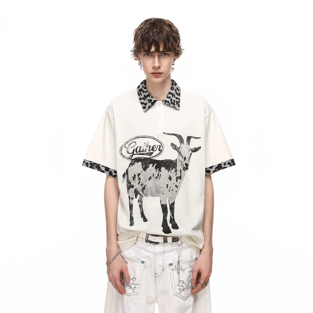 Trendy block American style loose goat print polo shirt short sleeved men's summer leopard print patchwork couple T-shirt