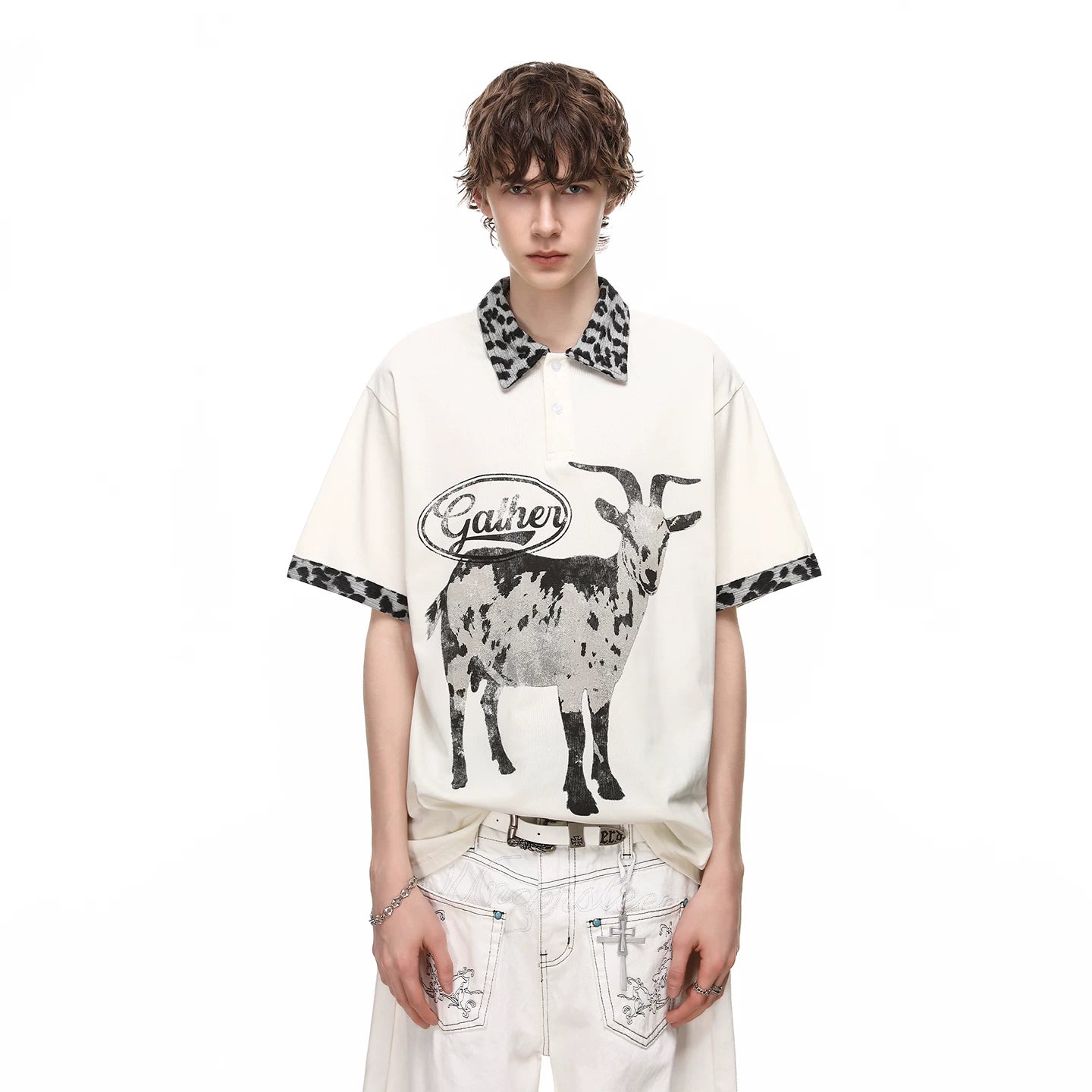 Trendy block American style loose goat print polo shirt short sleeved men's summer leopard print patchwork couple T-shirt