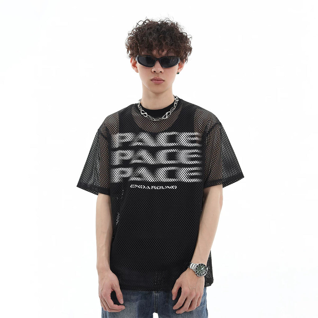 Trend st 25 year summer American fashion brand spider web hollow breathable semi transparent short sleeved T-shirt for couples