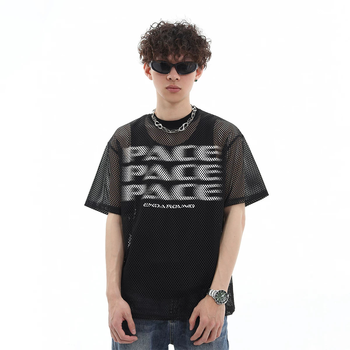 Trend st 25 year summer American fashion brand spider web hollow breathable semi transparent short sleeved T-shirt for couples