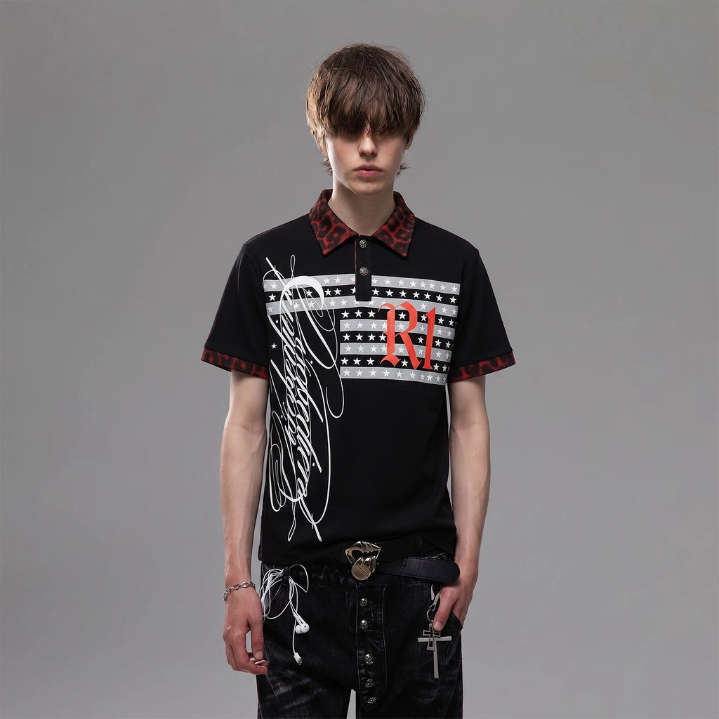 TREND ST Street Punk Printed Shoulder Short sleeved T-shirt for Men's Summer Leopard Pattern Splicing Boxy Short Polo Shirt