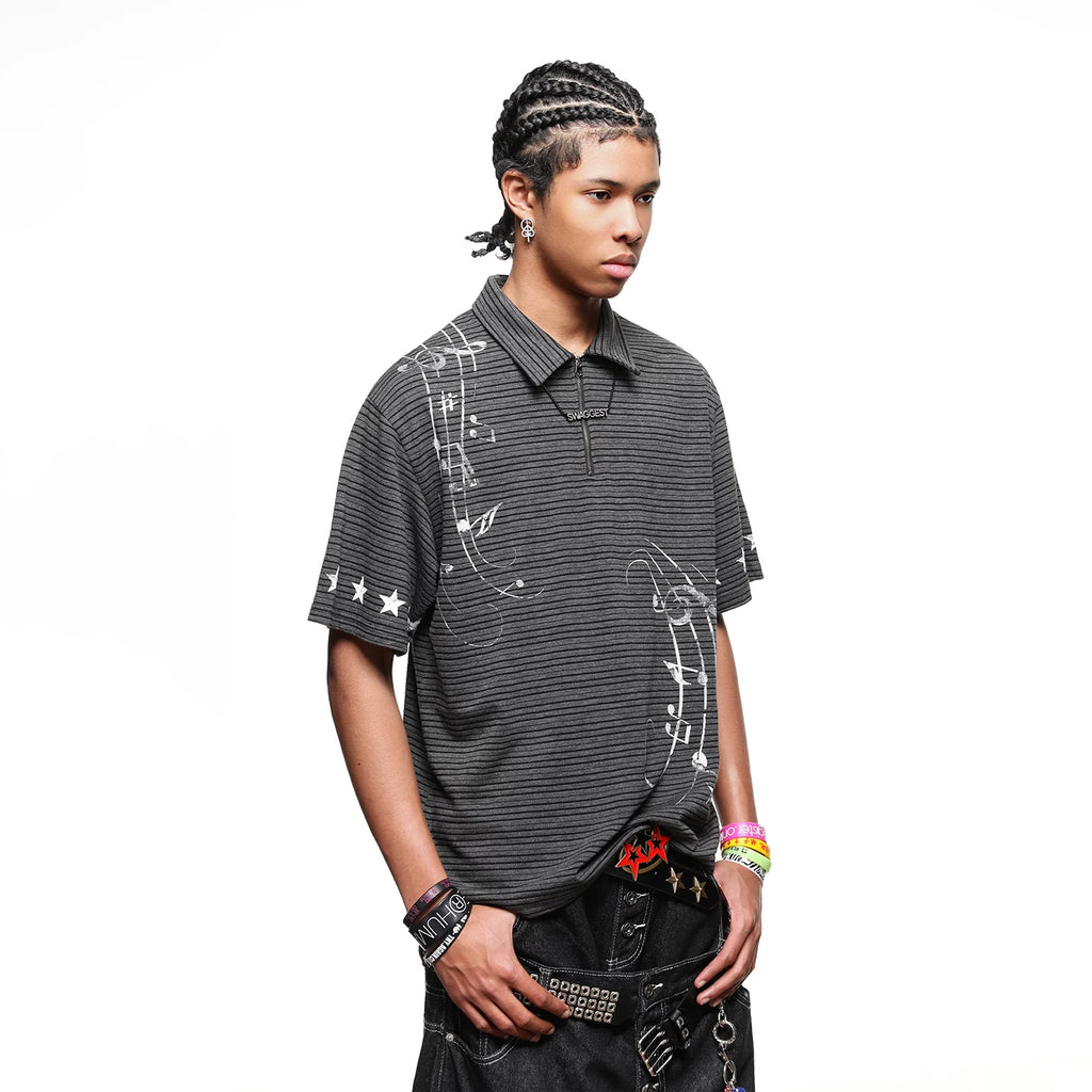 Original Trendy Street Label Music Note Star Printed Polo Shirt Short Sleeve Men's Summer Half Zipper Loose Stripe T-shirt