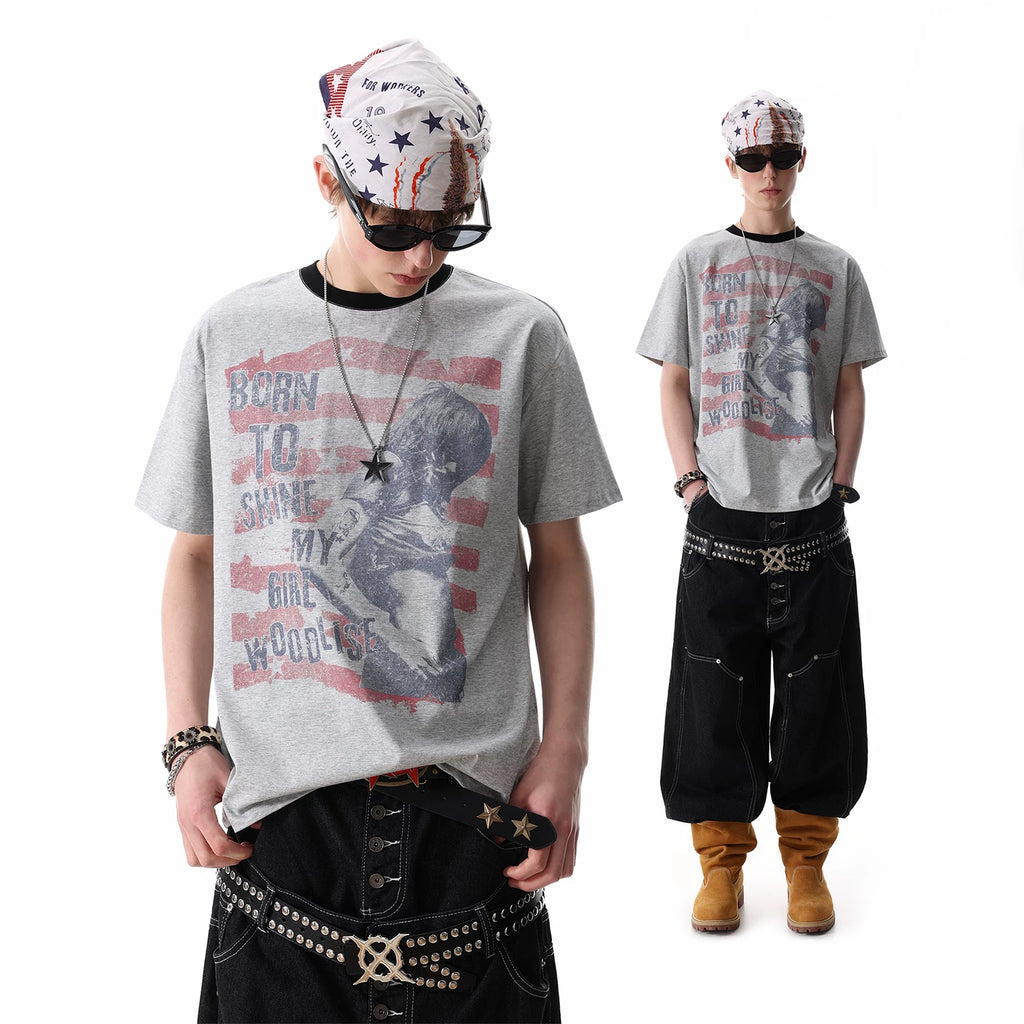 TREND ST Summer Street Visual Light Asian Style Printed Short sleeved T-shirt for Men, Loose Solona Cool Half Sleeve
