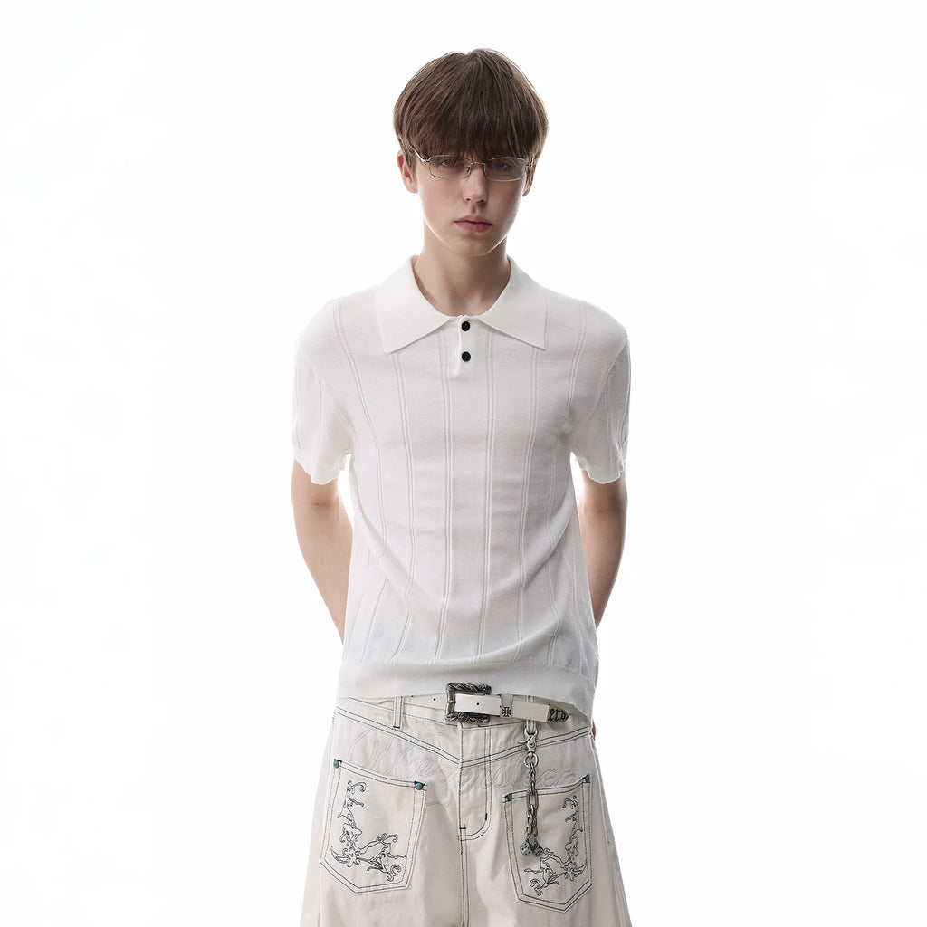 TREND ST Retro Texture Pit Strip Slim Knitted Polo Shirt Short Sleeve Men's Summer Old Money Style Shoulder T-shirt