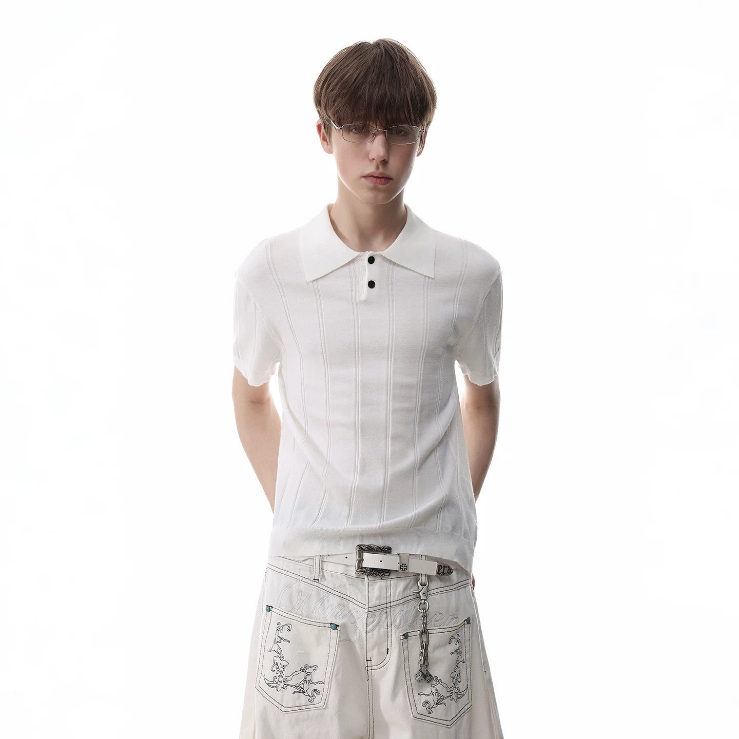 TREND ST Retro Texture Pit Strip Slim Knitted Polo Shirt Short Sleeve Men's Summer Old Money Style Shoulder T-shirt