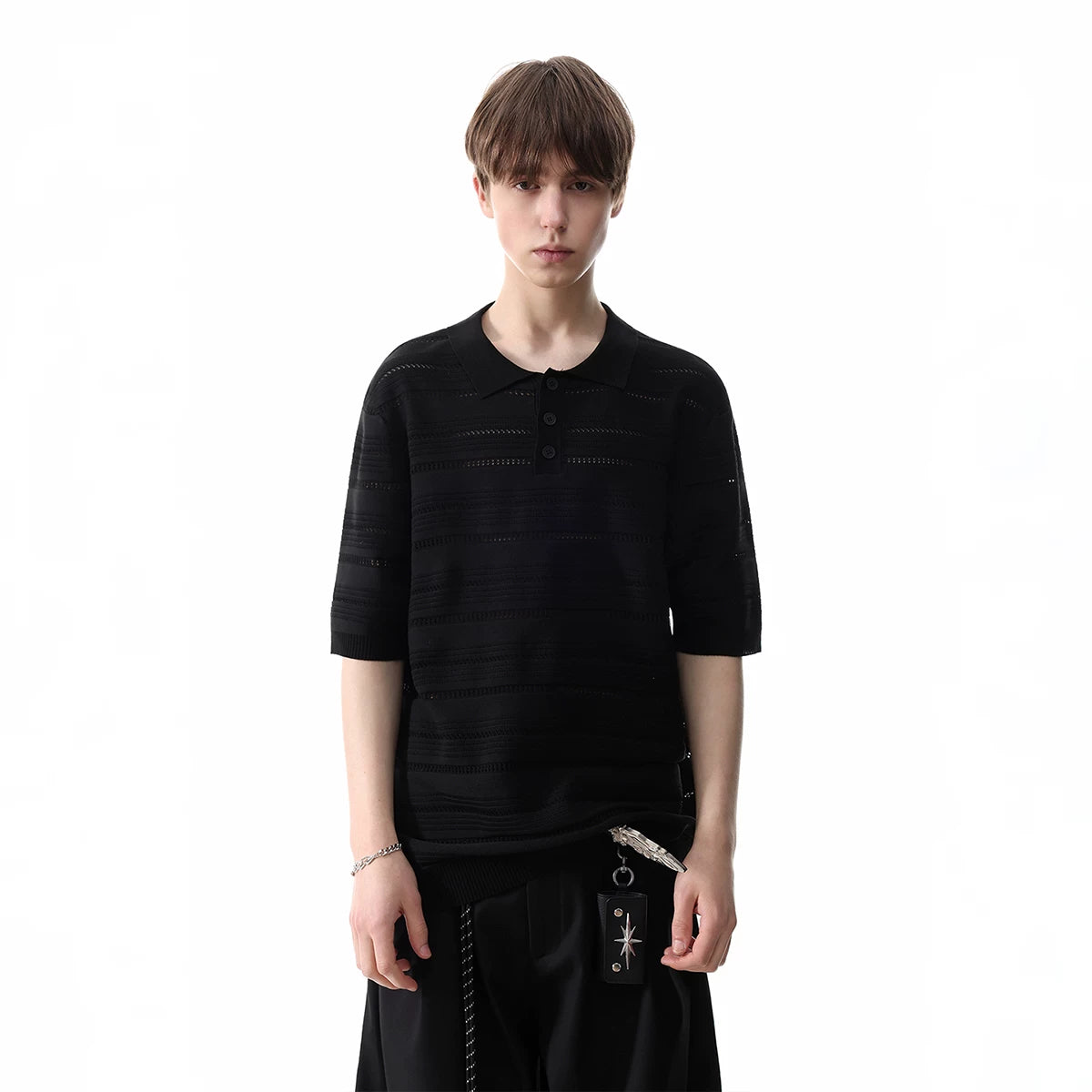 TREND ST old money style knitted short sleeved T-shirt for men's summer half sleeved polo shirt with hollowed out texture and a lapel top