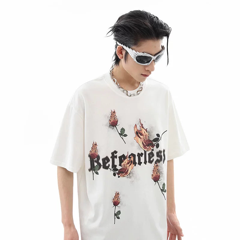 American street flame rose print short sleeved T-shirt for men's summer fashion trend, loose half sleeved couple T-shirt