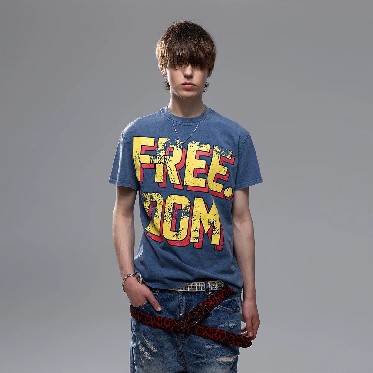 TREND ST Street Trendy Brand Visual Series Washed and Used Short sleeved T-shirt for Men's Summer Front Shoulder Printed Pure Cotton T-shirt
