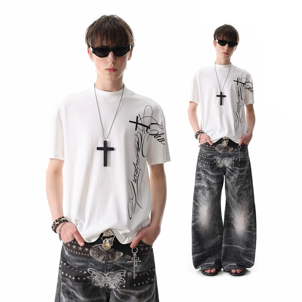 TREND ST American street print slim fit shoulder short sleeved T-shirt for men and women summer boxy version semi high neck top