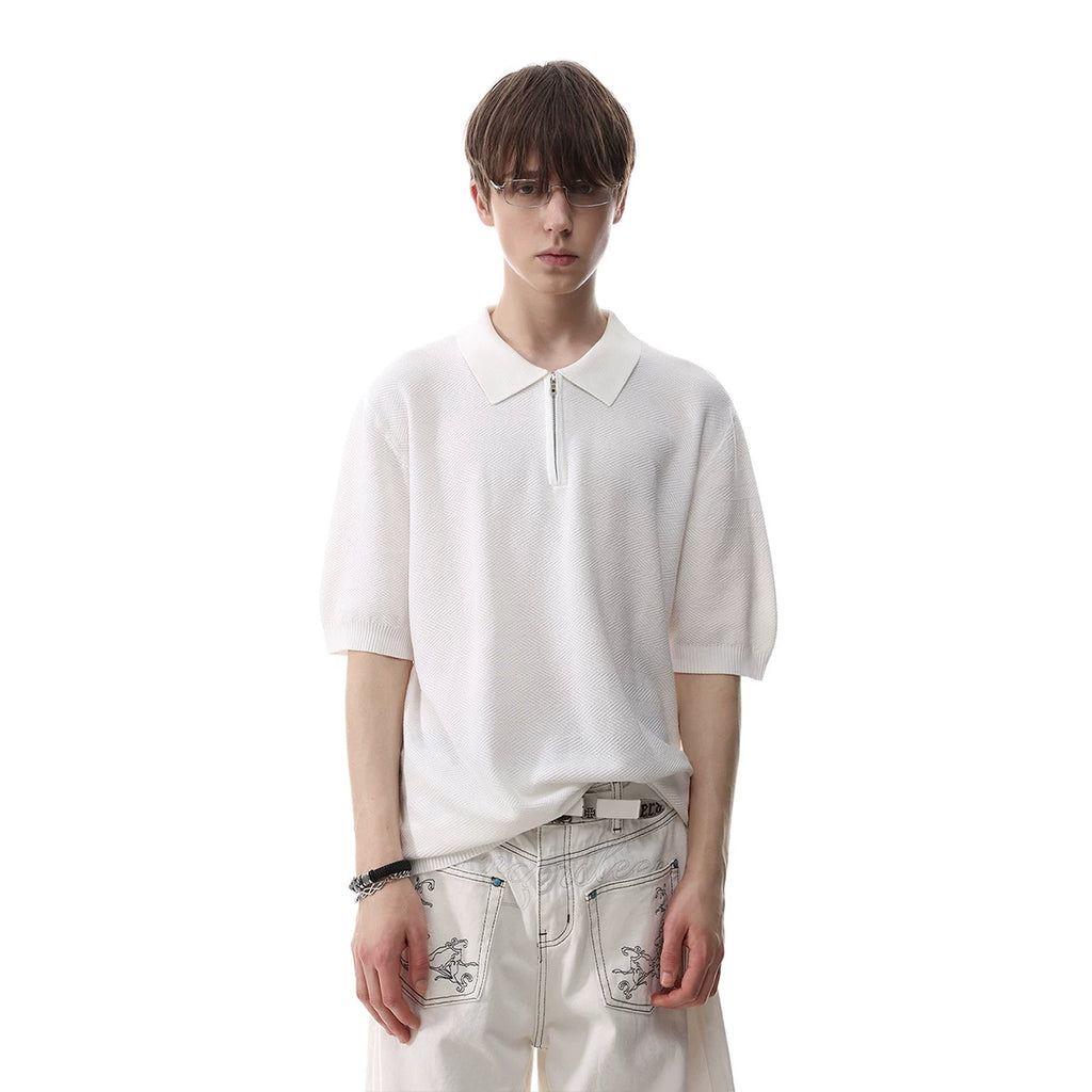 TRENDST Retro Money Style Texture Half Zipper Polo Shirt Men's Summer Commuter Loose Knitted Short Sleeve T-shirt