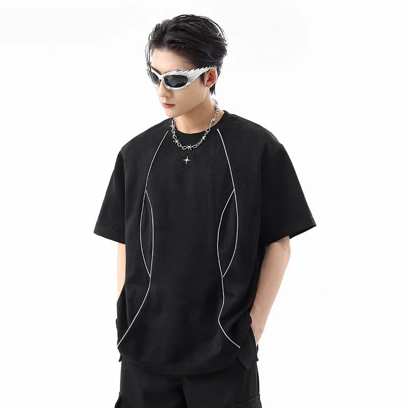High street niche design suede short sleeved t-shirt men's summer American deconstructive reflective strip loose couple T-shirt