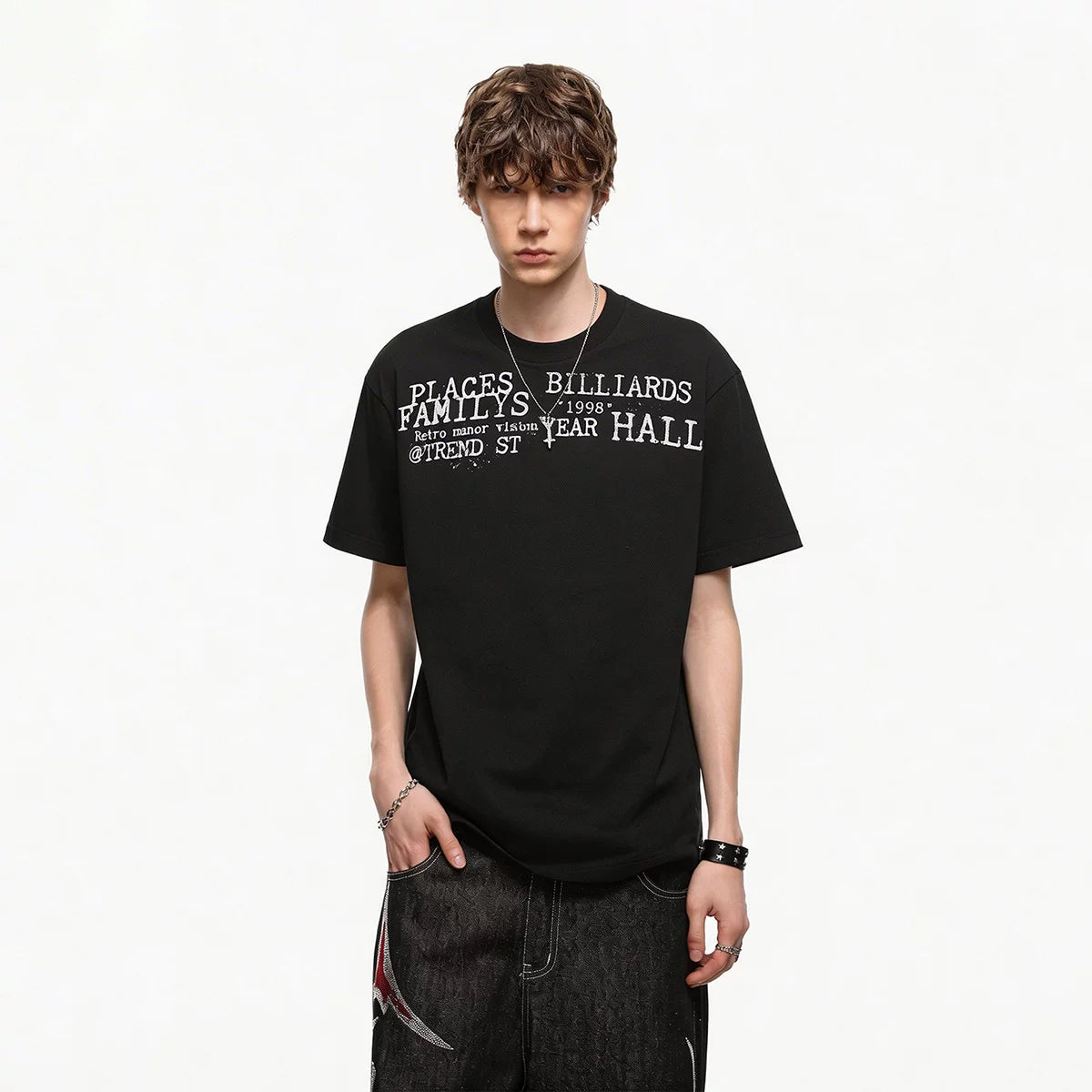 TREND ST Summer Half High Neck Letter Printed Short Sleeve Men's Short Style Slim Fit Elastic Shoulder Boxy Edition T-shirt