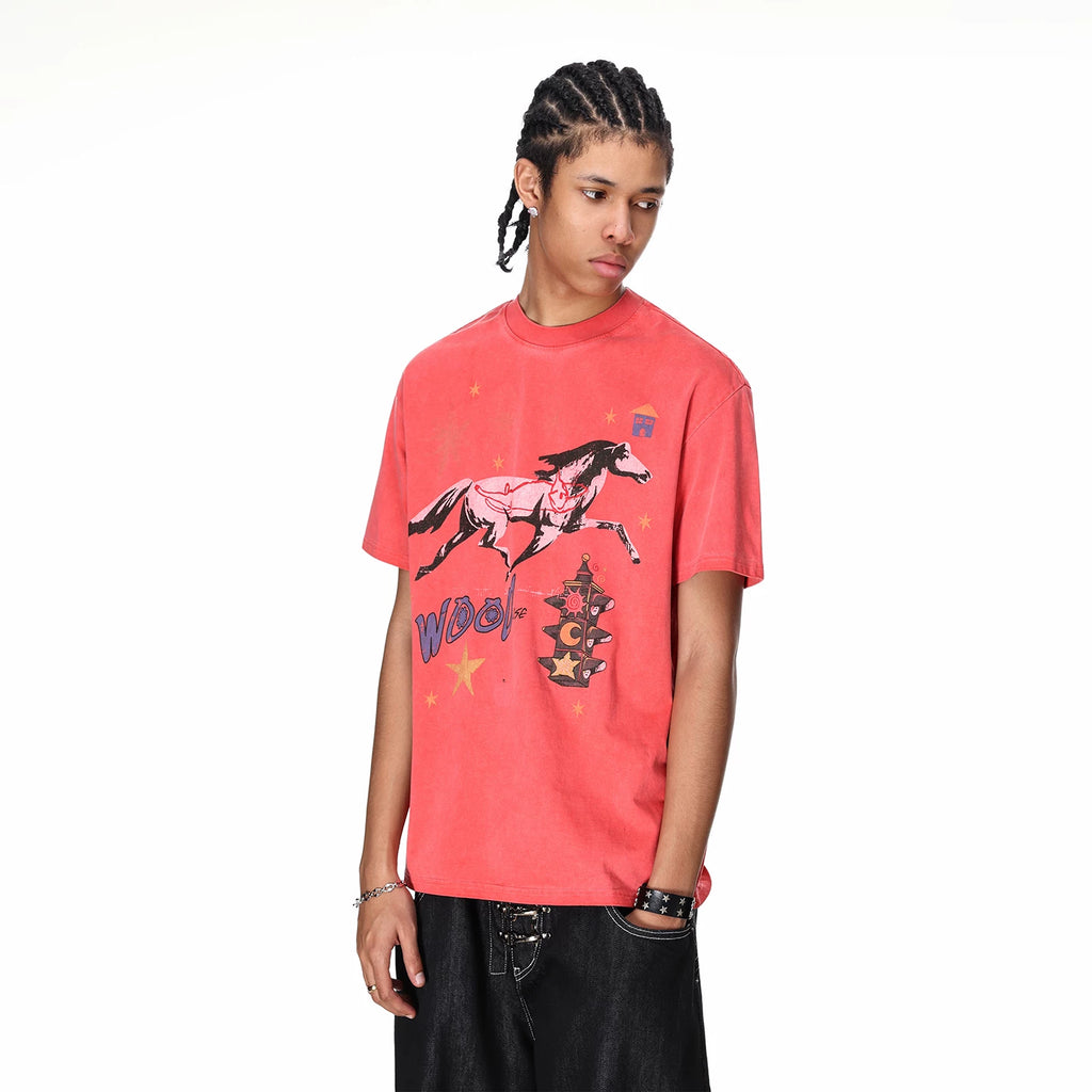 Vintage washed vintage printed short sleeved T-shirt with the theme of 'galloping horse', suitable for both men and women in summer, loose and casual couple's T-shirt