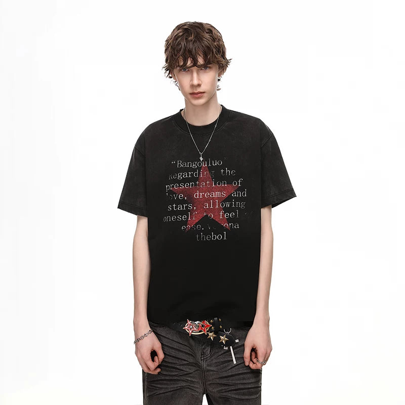 Trendy block American retro vintage vintage gradient short sleeved T-shirt for men's summer loose star print 350g heavyweight half sleeve