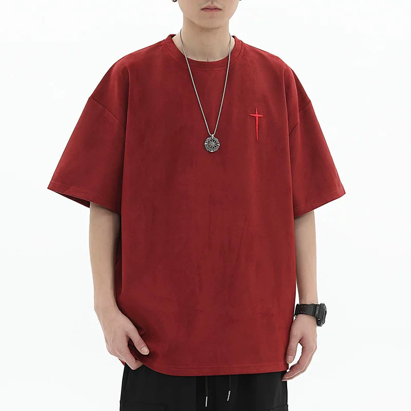 American retro embroidered suede short sleeved T-shirt for men's summer fashion brand hip-hop loose couple casual half sleeved T-shirt