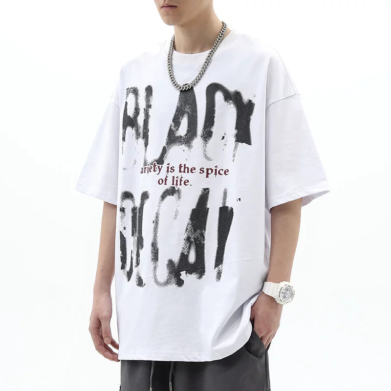 Trendy Block Trendy Brand American Graffiti Letter Short Sleeve T-shirt Men's Loose High Street Design Sense Summer Half Sleeve Couple Ins