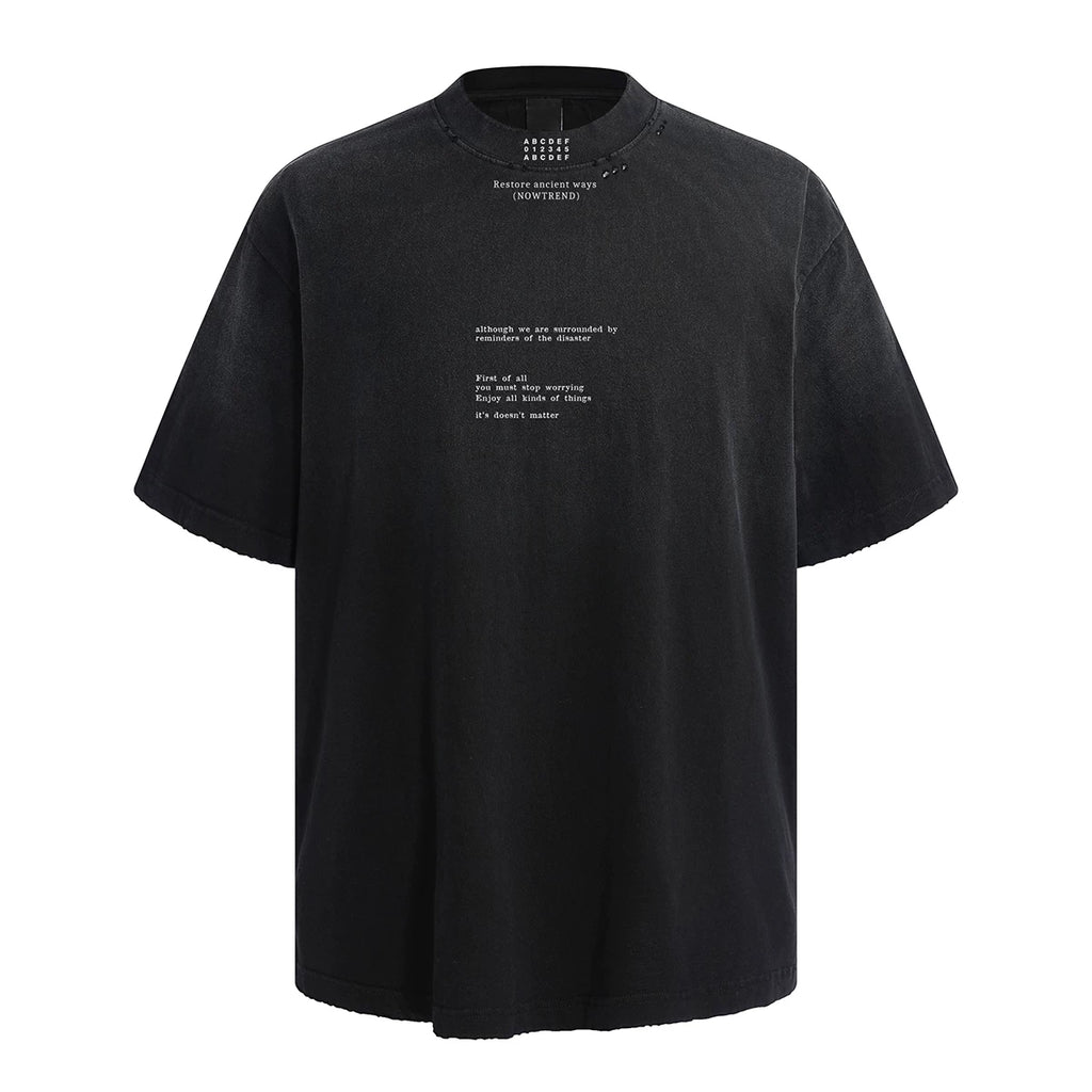 300g Heavy duty Small Collar T-shirt Men's Trendy Brand Loose Letter Pure Cotton Short Sleeve High Weight Remake Old Gradient T-shirt Summer