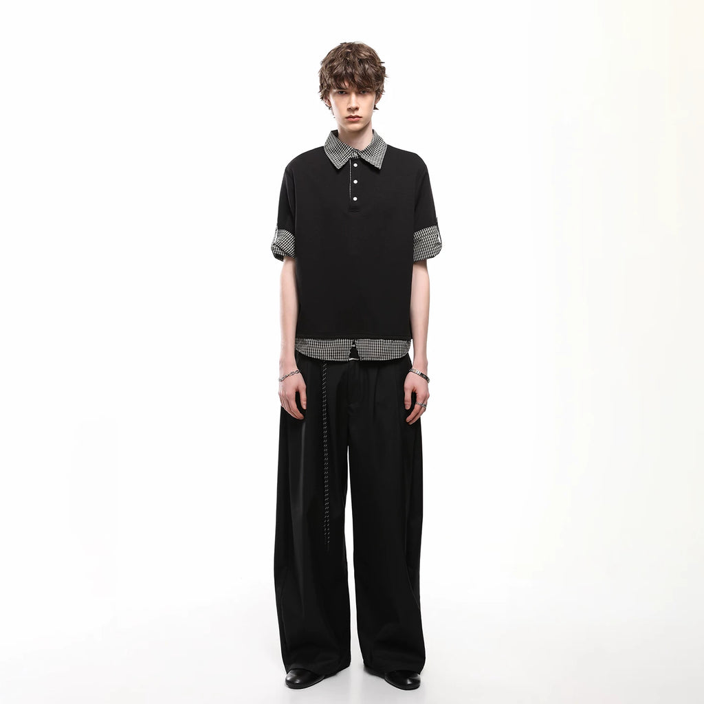 Miu style fake two piece polo shirt short sleeved couple summer patchwork design sense shoulder T-shirt loose five quarter sleeve