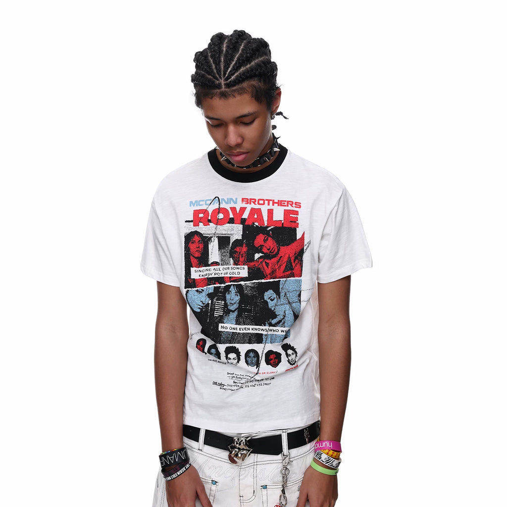 TREND ST American High Street Front Shoulder Boxy Short Style Printed Short Sleeve T-shirt for Men's Summer Hip Hop Band TEE