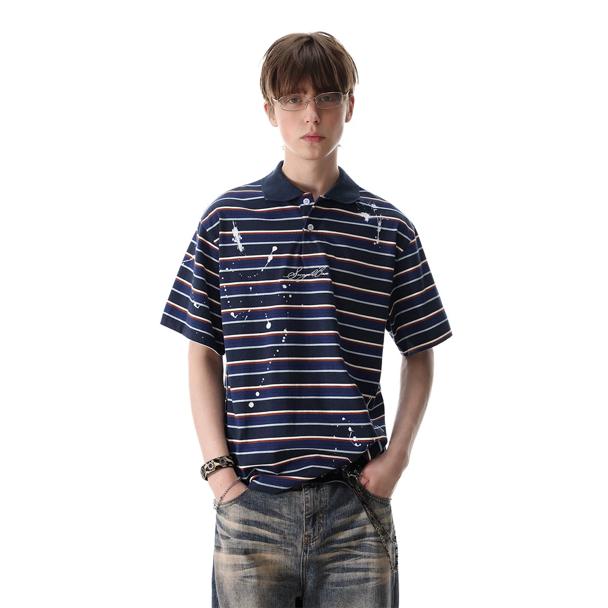 TREND ST American contrasting horizontal stripe polo shirt short sleeved men's and women's summer loose ink splashed embroidery half sleeved T-shirt
