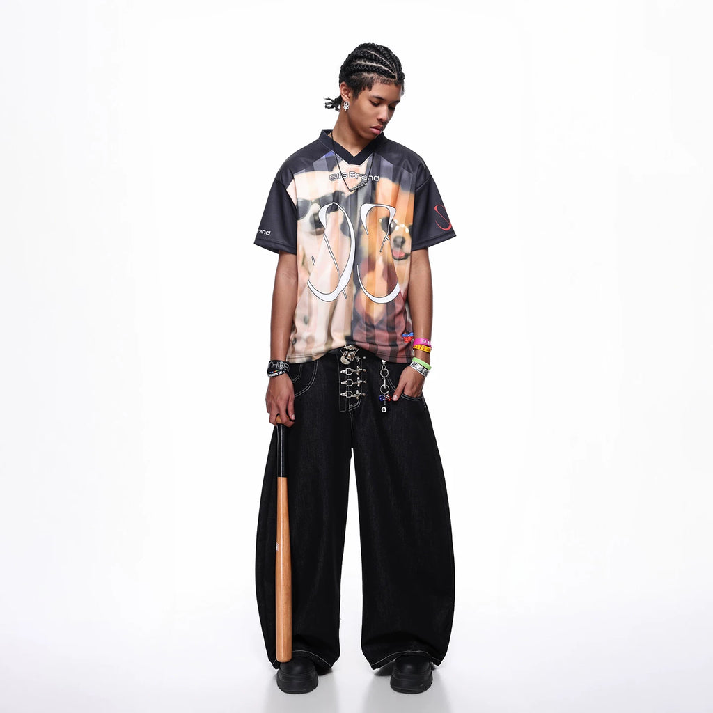 TREND ST trendy American V-neck sports jerseys for men and women, summer dog print short sleeved t-shirts, loose baseball jerseys
