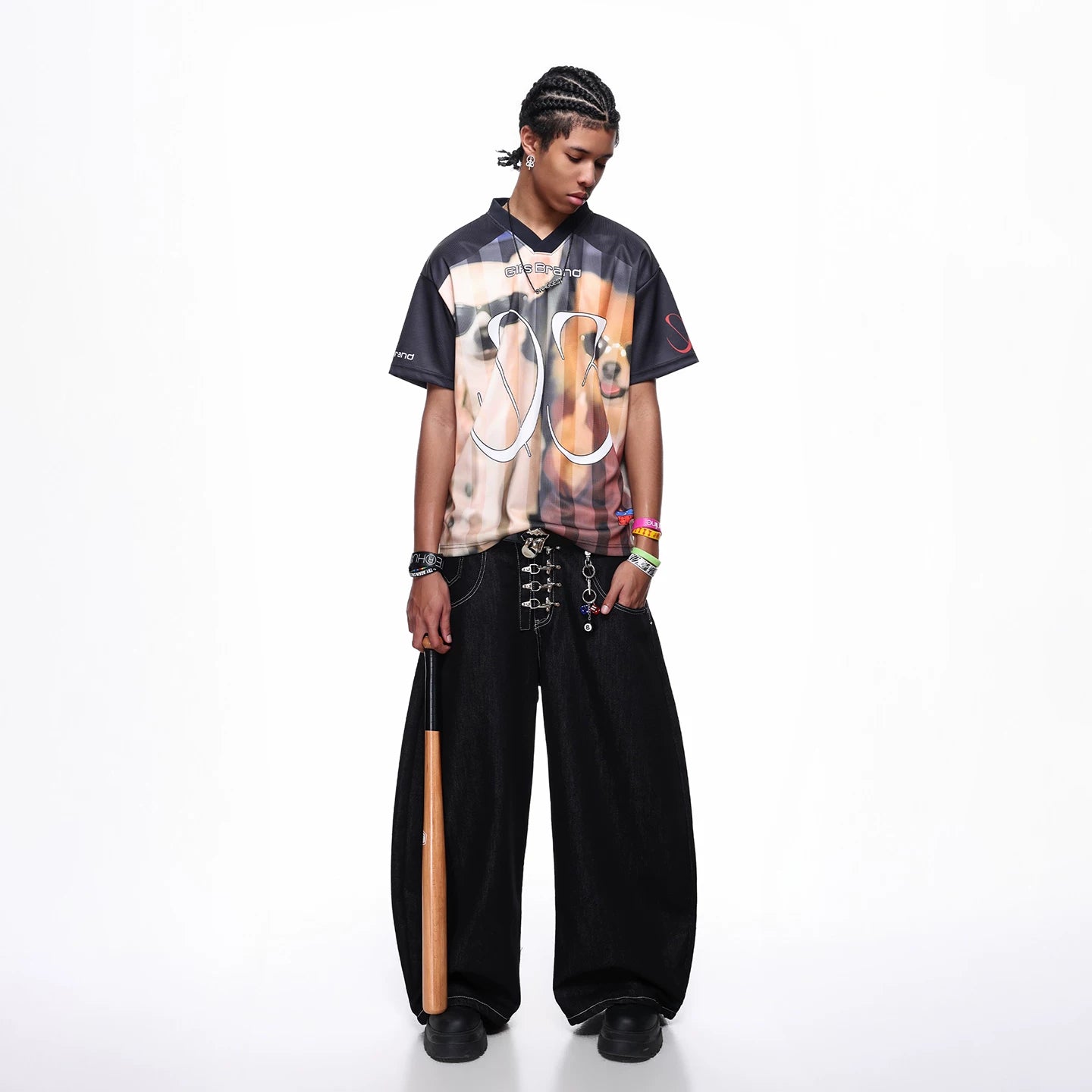 TREND ST trendy American V-neck sports jerseys for men and women, summer dog print short sleeved t-shirts, loose baseball jerseys