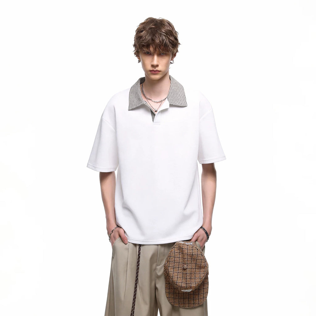 Chao Street Original Genuine Thousand Bird Grid Splicing Polo Collar Super Cool Ice Feeling Loka Air Layer Short Sleeve T-shirt