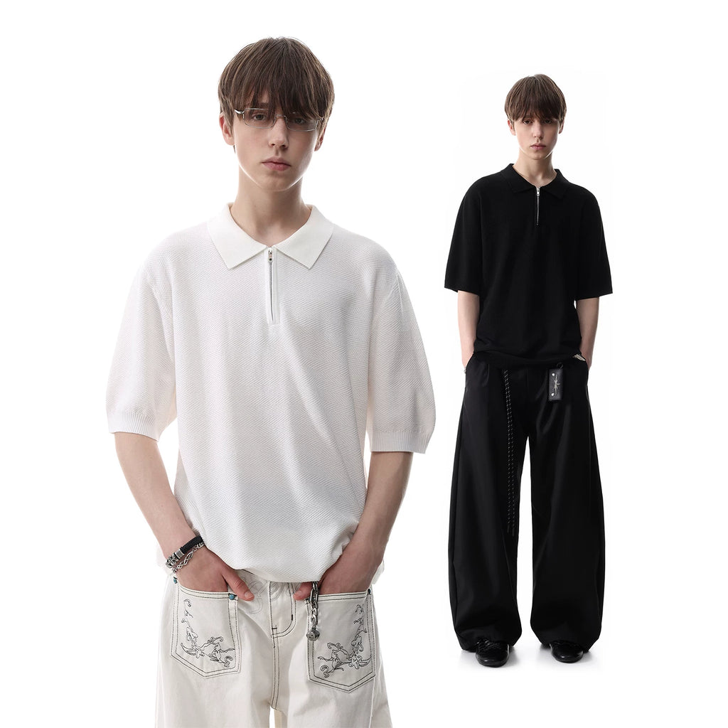 TREND ST Light Luxury Old Money Style Texture Knitted Short Sleeve Polo Shirt for Men's Summer Half Zipper Collar T-shirt