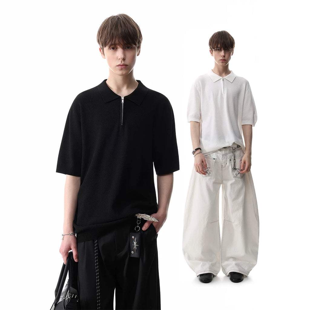 TRENDST Retro Money Style Texture Half Zipper Polo Shirt Men's Summer Commuter Loose Knitted Short Sleeve T-shirt