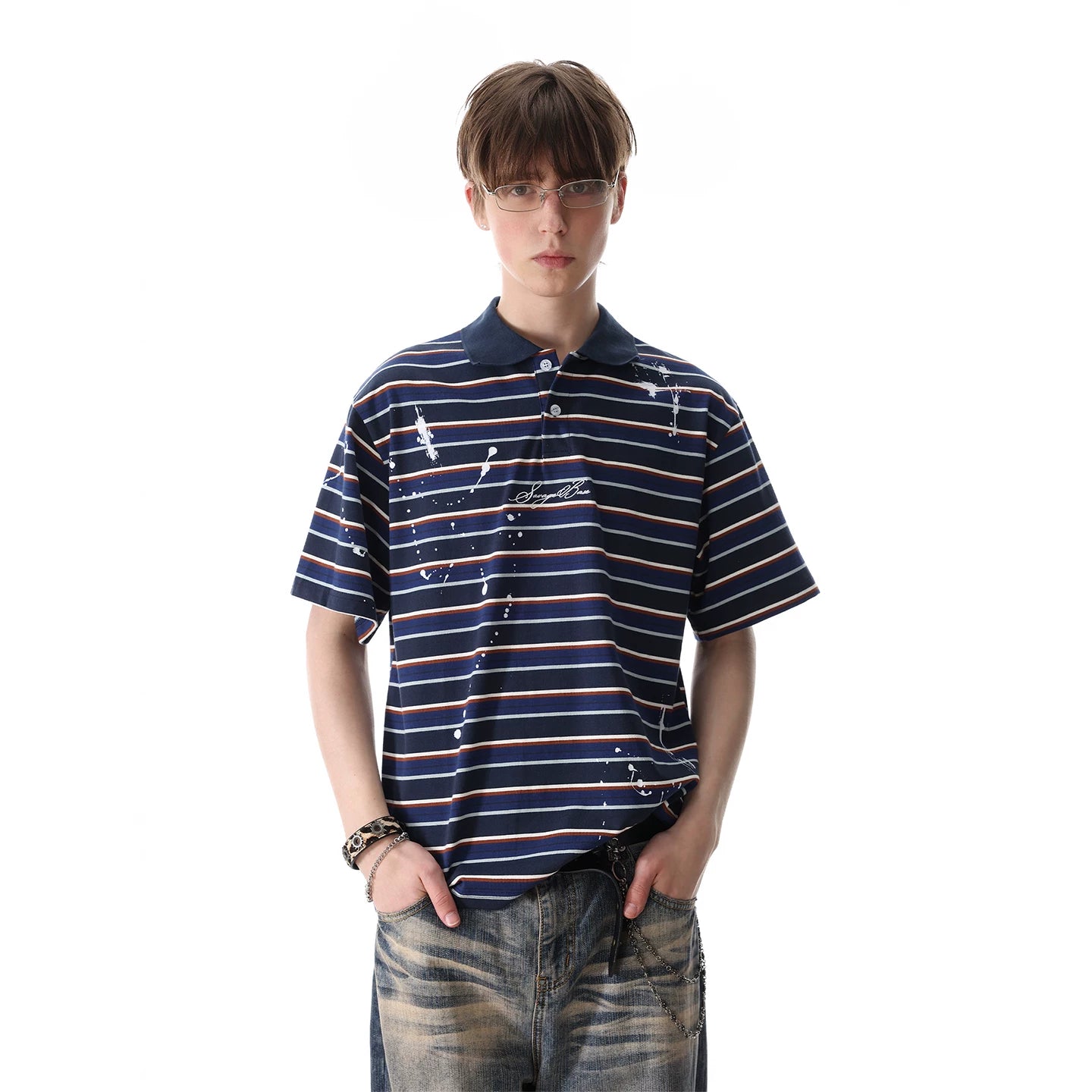 TREND ST American retro contrasting horizontal striped polo shirt short sleeved men's summer splashed ink embroidered loose T-shirt