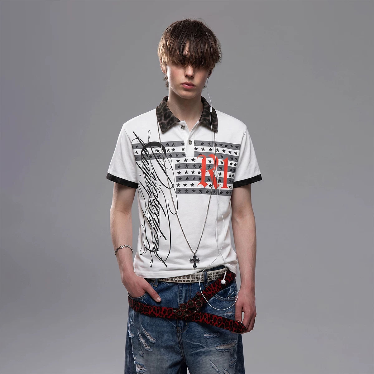 TREND ST Street Punk Printed Shoulder Short sleeved T-shirt for Men's Summer Leopard Pattern Splicing Boxy Short Polo Shirt