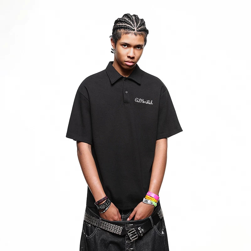 TREND ST Trendy American Retro Letter Embroidered Polo Shirt Short Sleeve Men's Summer Loose Couple Half Sleeve T-shirt
