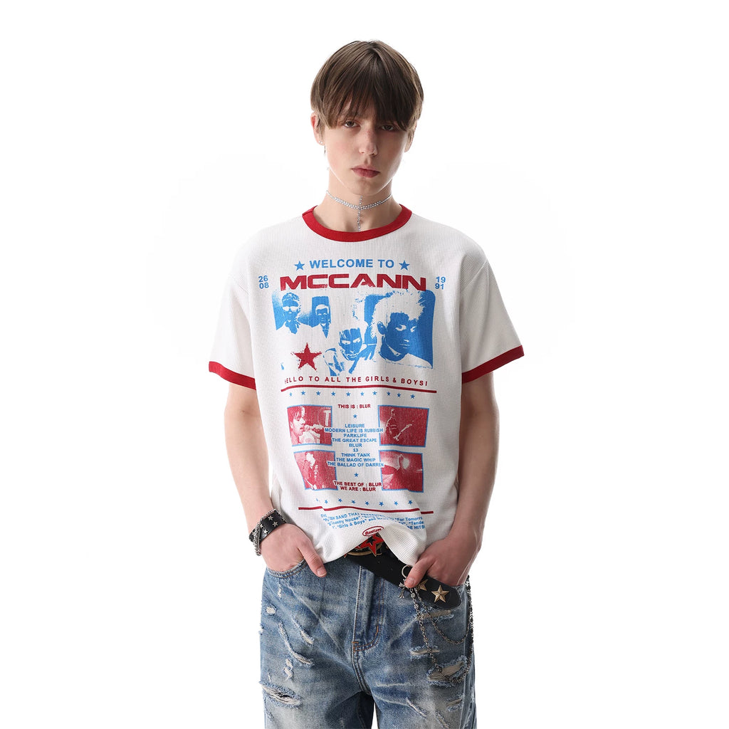 TREND ST Rock Band Character Printed Waffle Short sleeved T-shirt Men's Summer Boxy Version Shoulder Top