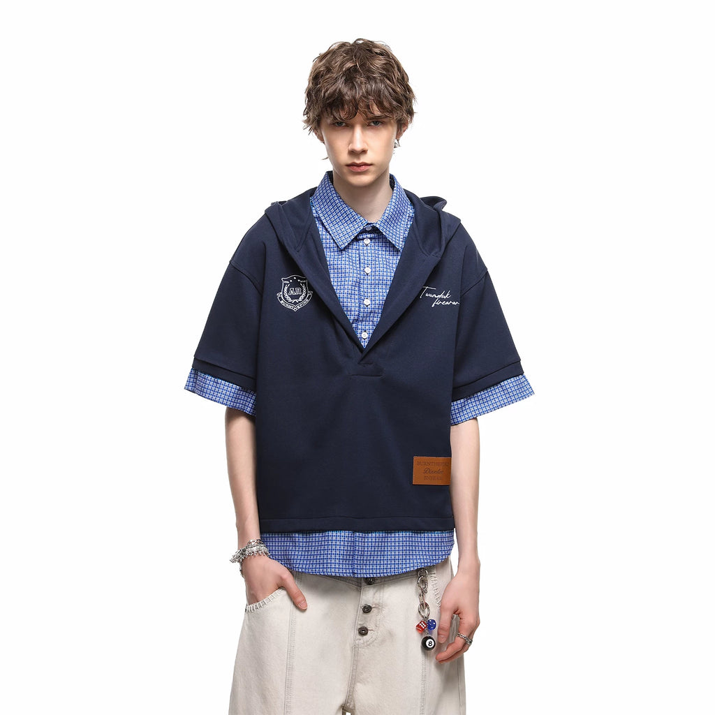 TREND ST American style fake two piece checkered shirt short sleeved summer high-end hooded T-shirt for men and women couple top