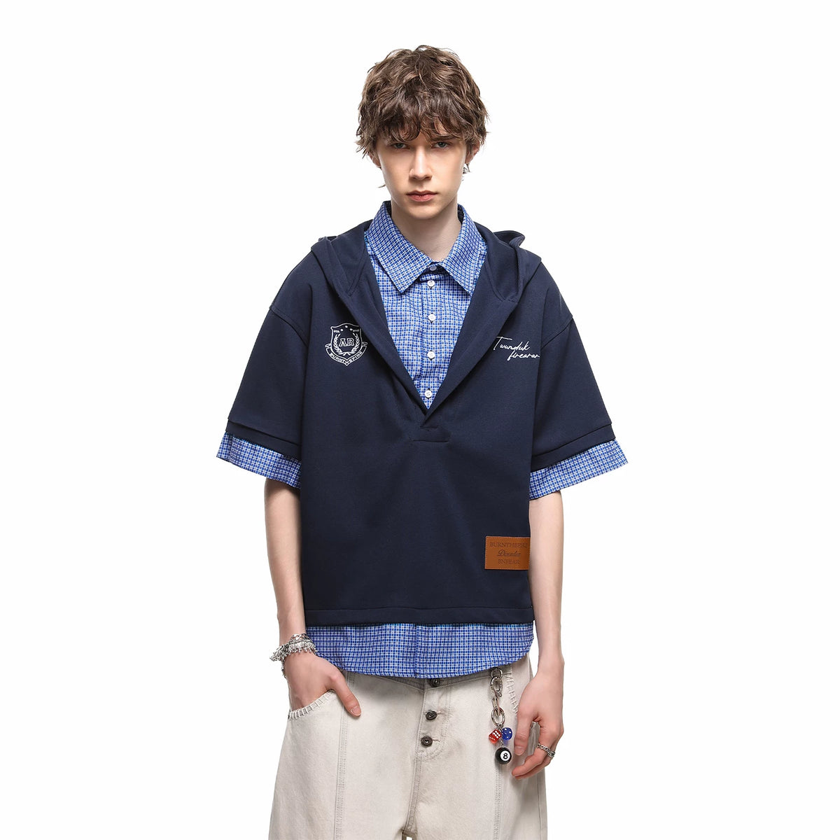 TREND ST American style fake two piece checkered shirt short sleeved summer high-end hooded T-shirt for men and women couple top