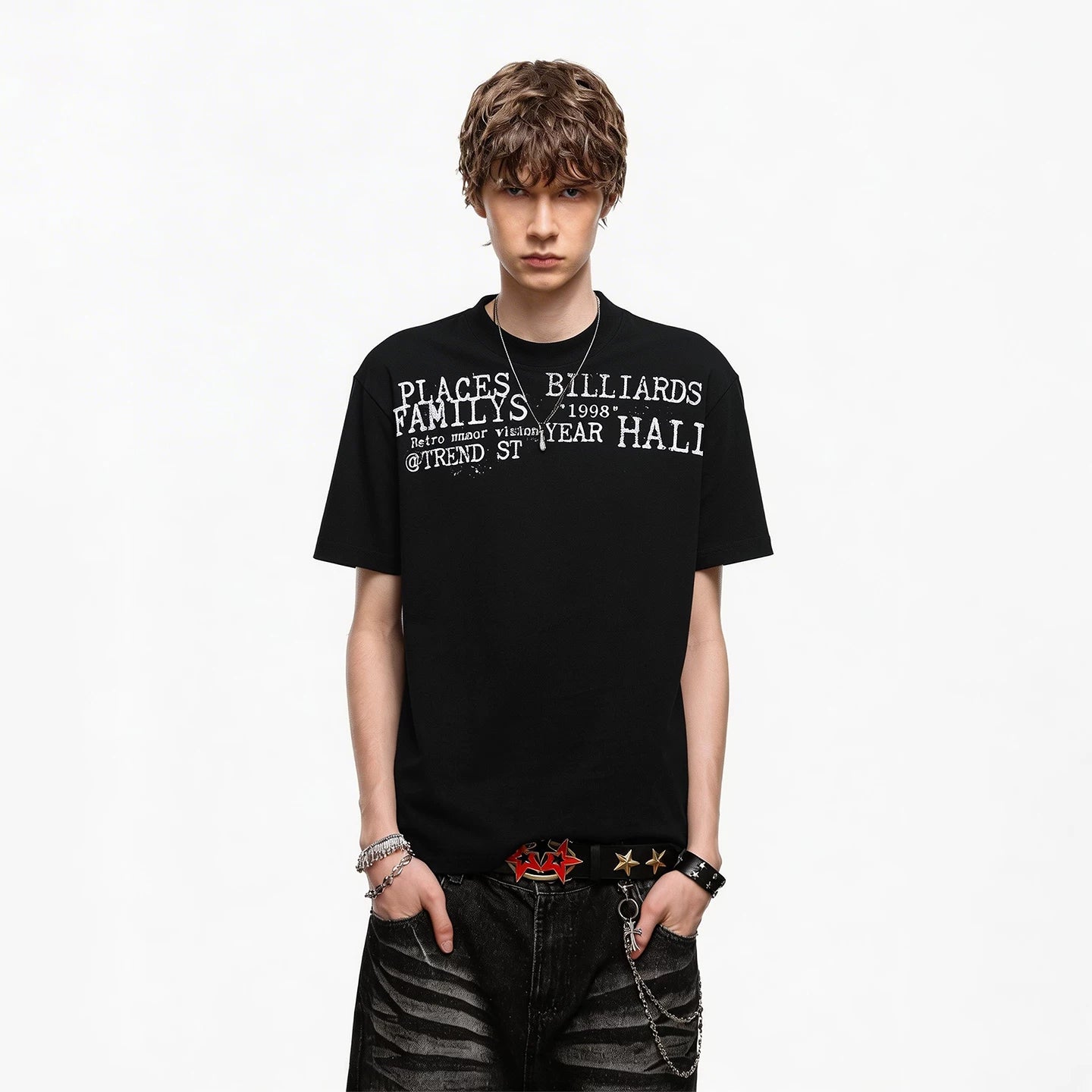 TREND ST Summer Half High Neck Letter Printed Short Sleeve Men's Short Style Slim Fit Elastic Shoulder Boxy Edition T-shirt