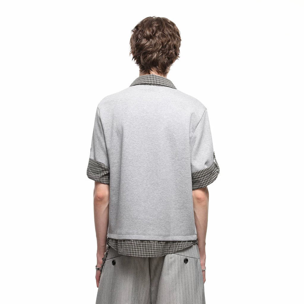 Miu style fake two piece polo shirt short sleeved couple summer patchwork design sense shoulder T-shirt loose five quarter sleeve