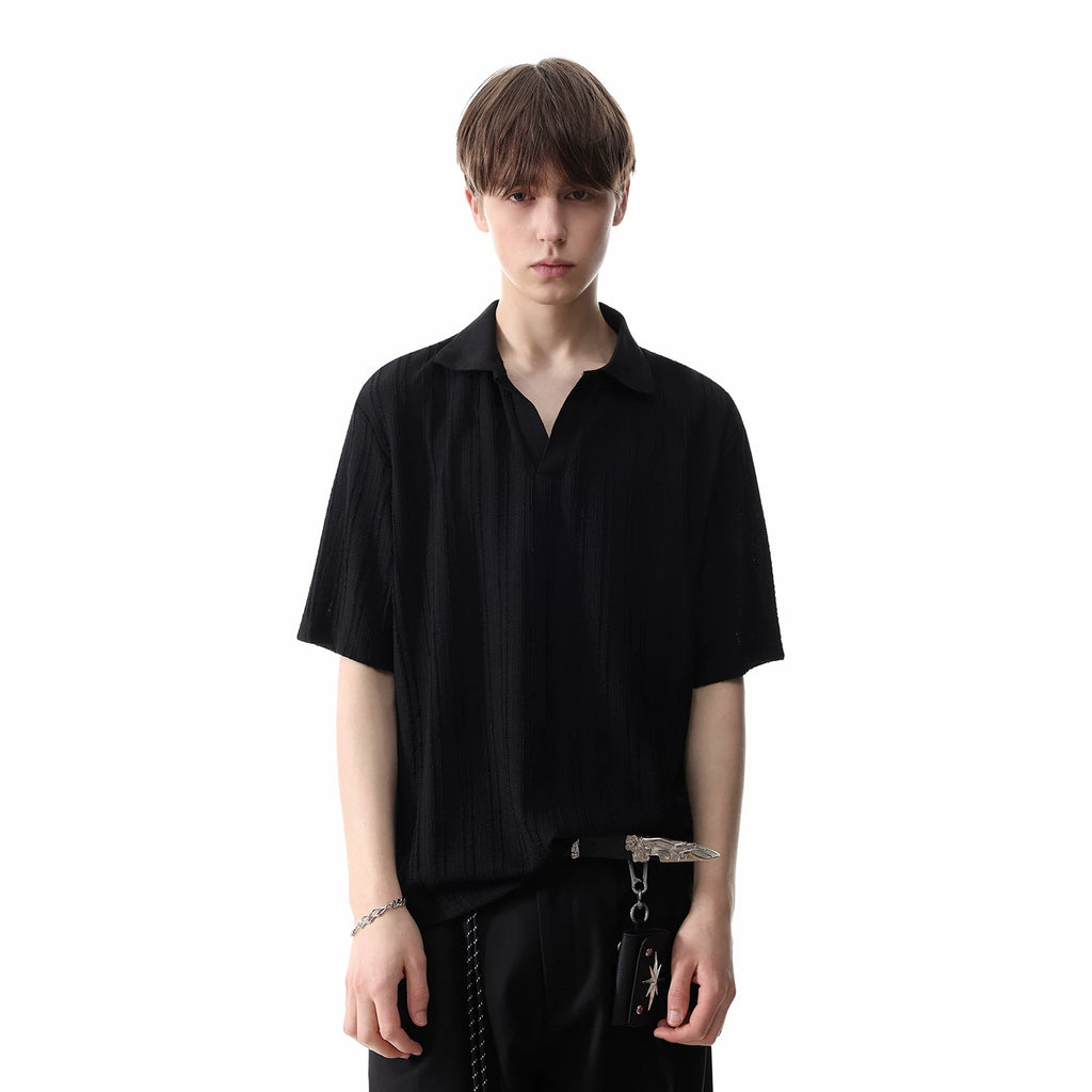 TREND ST vintage style seagull collar short sleeved polo shirt for men, summer loose texture flip collar knitted T-shirt