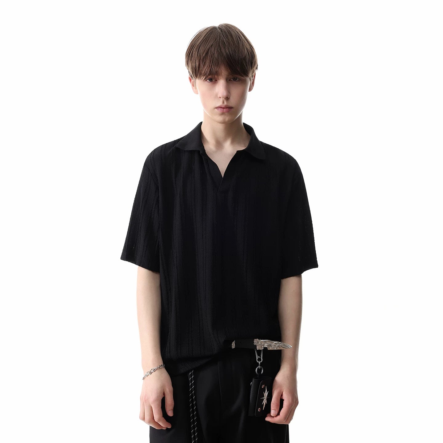 TREND ST vintage style seagull collar short sleeved polo shirt for men, summer loose texture flip collar knitted T-shirt