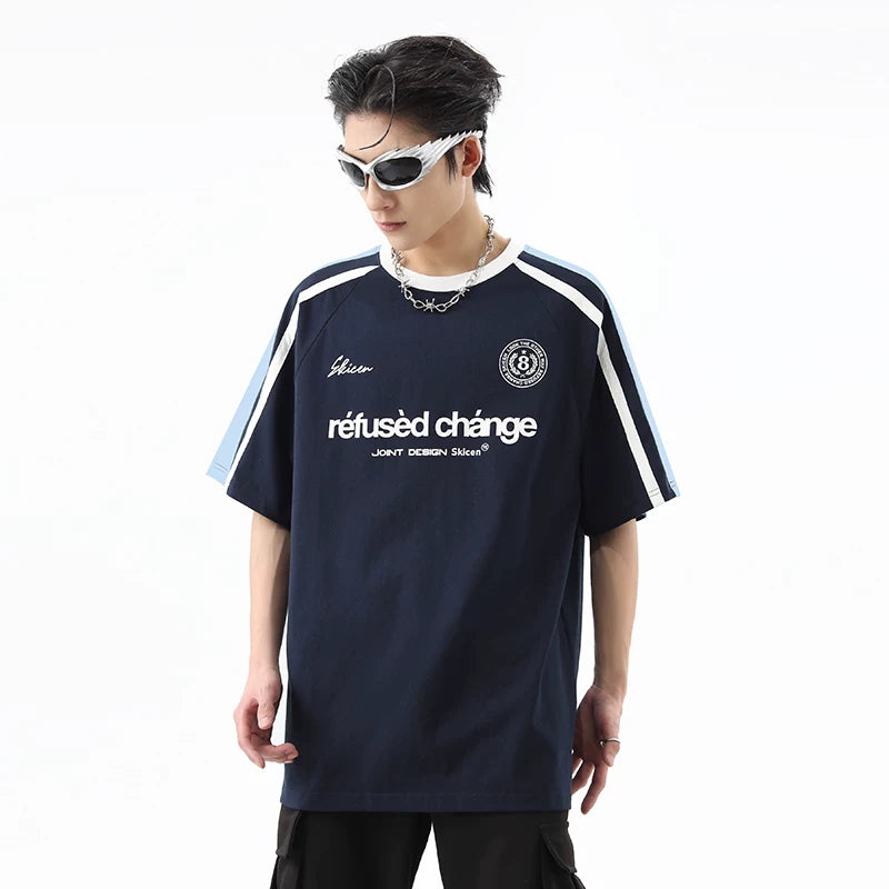 China-Chic hip-hop 260g heavy weight short sleeved t-shirt men's summer color contrast stitching deconstruction loose cotton lovers half sleeve tee