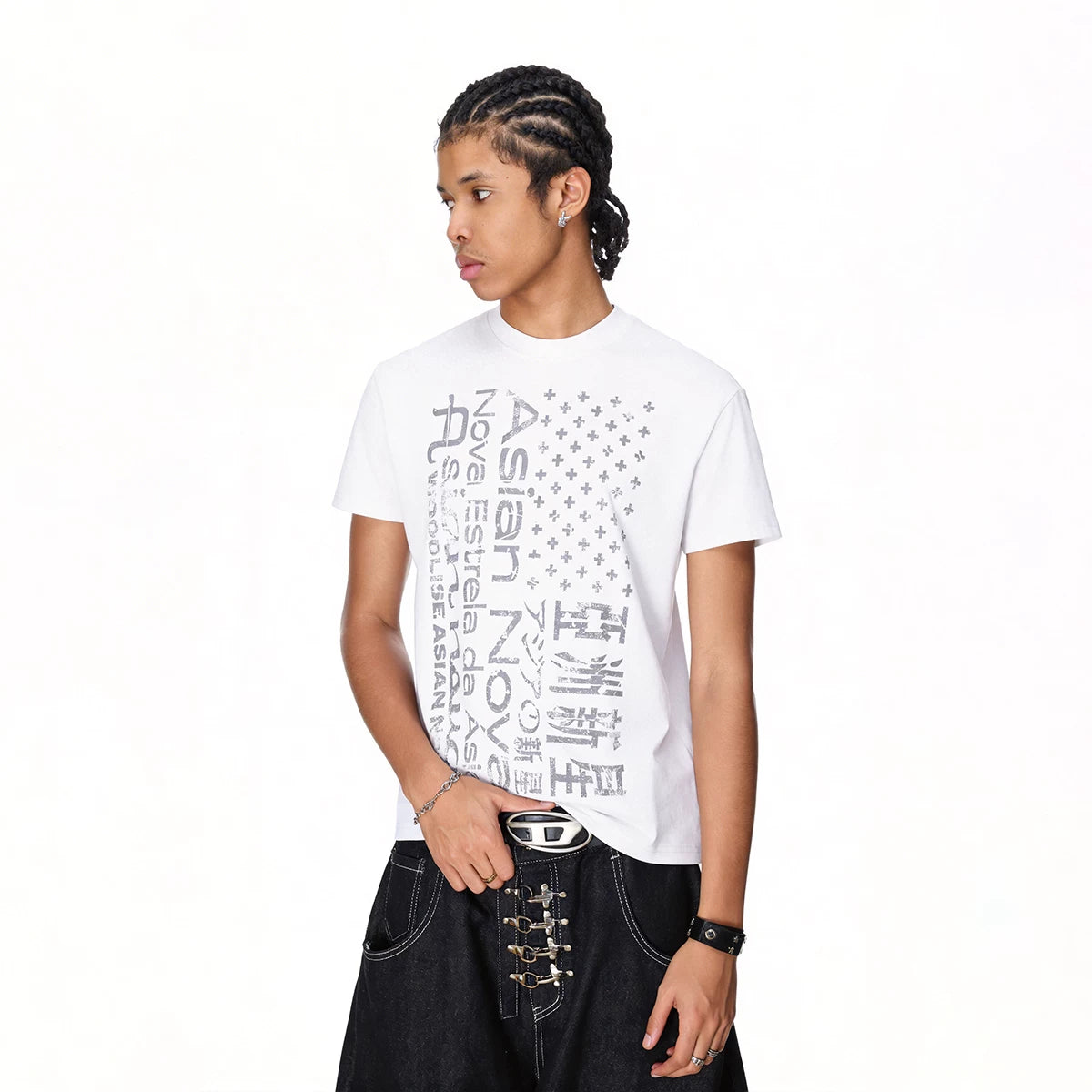 Visual style shoulder boxy style light Asian style short sleeved T-shirt for couples in summer printed short half sleeved T-shirt