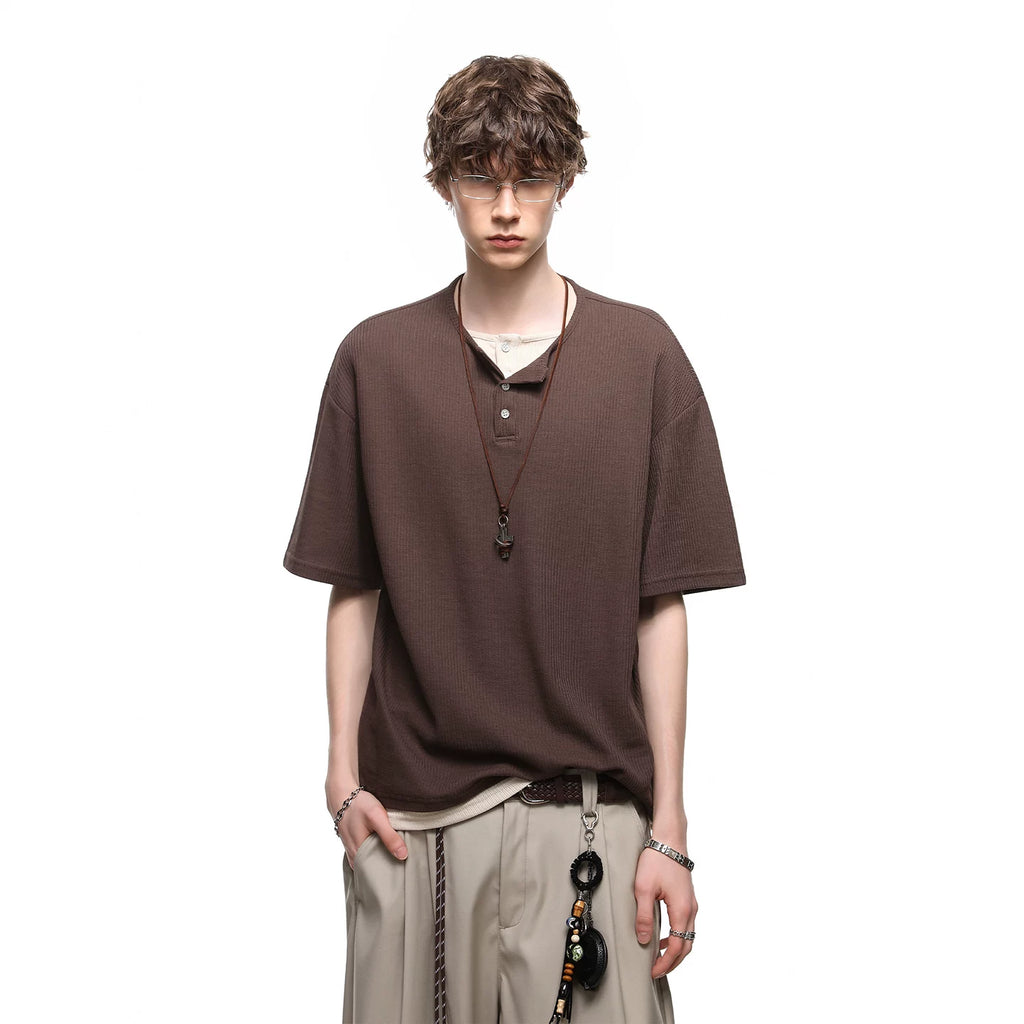 TREND ST American Retro Fake Two Piece Henry Collar Short Sleeve T-shirt for Men and Women Summer Loose Casual Couple T-shirt