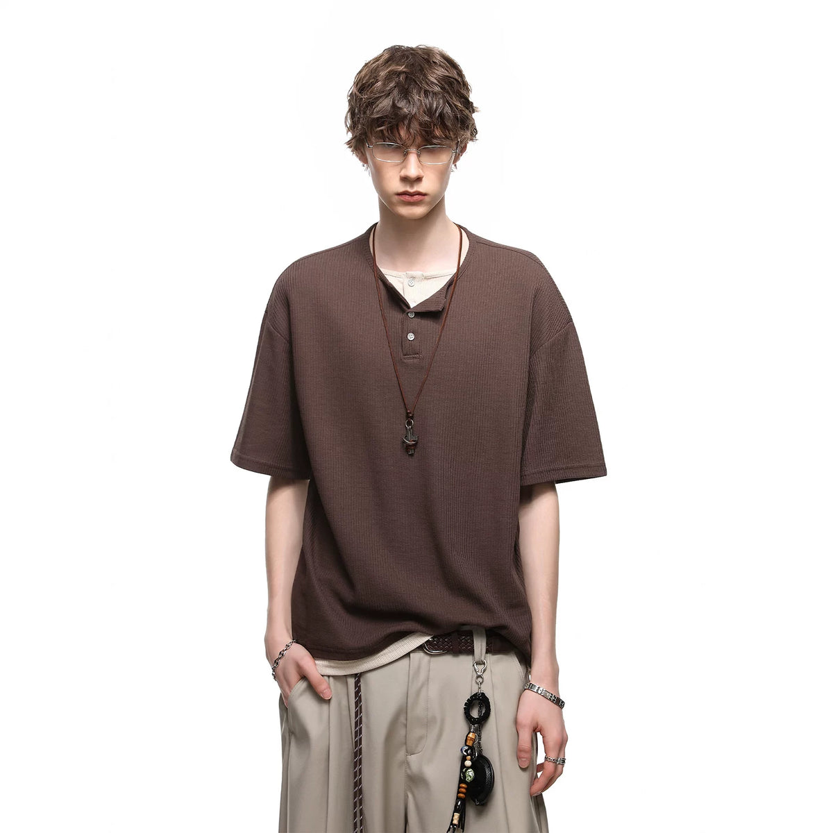 TREND ST American Retro Fake Two Piece Henry Collar Short Sleeve T-shirt for Men and Women Summer Loose Casual Couple T-shirt