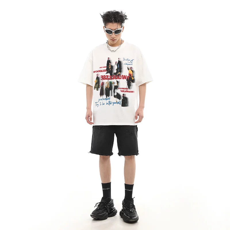 American street dyed short sleeved T-shirt for men and women, summer hip-hop fashion brand, figure print, loose couple half sleeved T-shirt