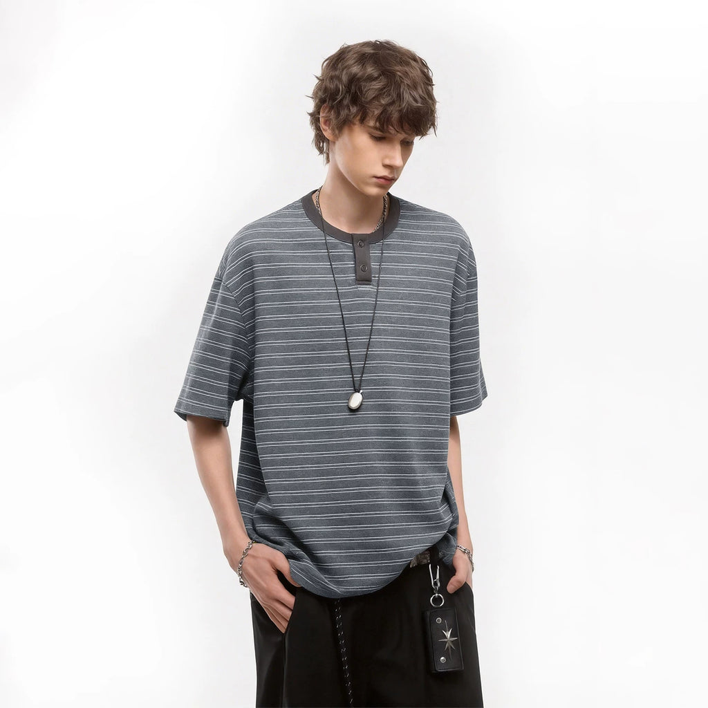 Trendy block American retro striped Henry collar short sleeved T-shirt men's summer loose couple T-shirt old money style top