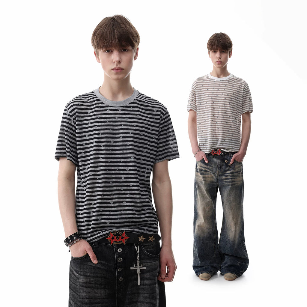TREND ST striped star short sleeved American retro Lyocell short shoulder skinny millennium style T-shirt